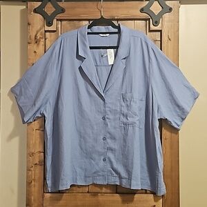 Penningtons Blue Wash Linen Blend Short Sleeve Blouse Size 2X NWT